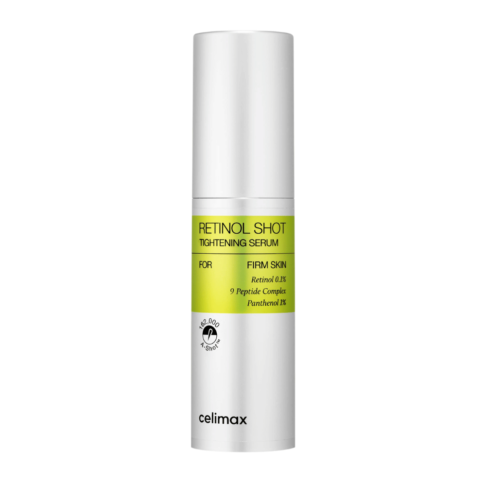 Celimax The Vita-A Retinol Shot Tightening Serum in silberfarbener Pumpflasche mit limettengrünem Etikett und schwarzem Text.