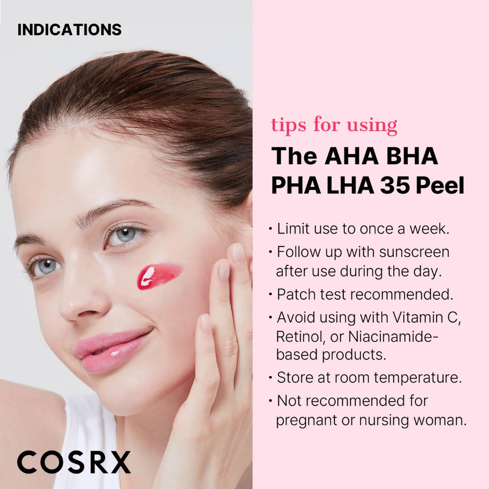 Anweisungen zur Verwendung von COSRX AHA BHA PHA LHA 35 Peel:

Maximal einmal pro Woche verwenden.
Tagsüber mit Sonnenschutz nachbehandeln.
Empfohlen, zuerst auf einer kleinen Fläche zu testen.
Vermeiden Sie die Kombination mit Produkten, die Vitamin C, Retinol oder Niacinamid enthalten.
Bei Raumtemperatur lagern.
Nicht empfohlen für schwangere oder stillende Frauen.