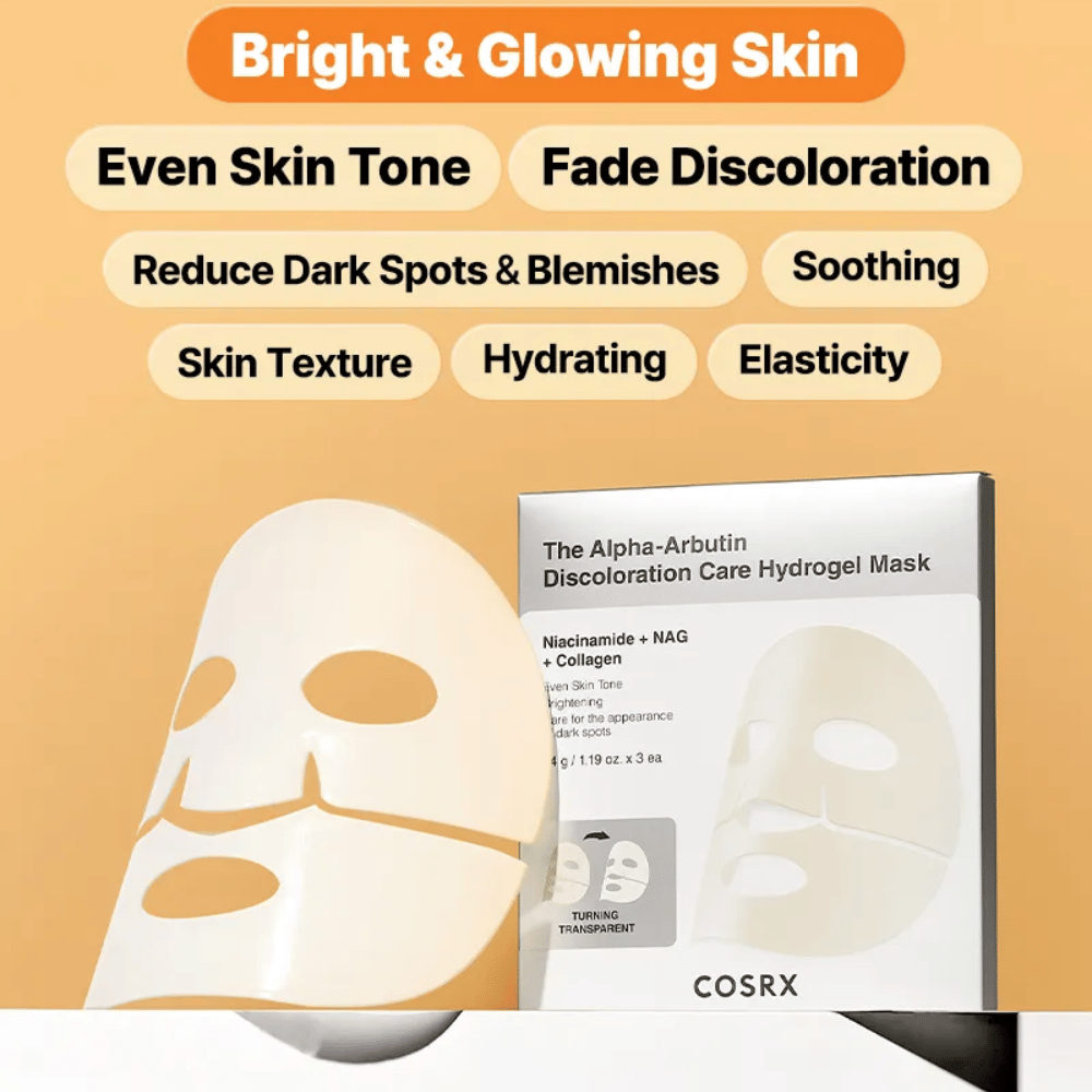 COSRX Alpha-Arbutin Hydrogel-Maske – sheet mask, das Leuchtkraft verleiht, den Hautton ausgleicht, dunkle Flecken reduziert und die Hautelastizität verbessert.