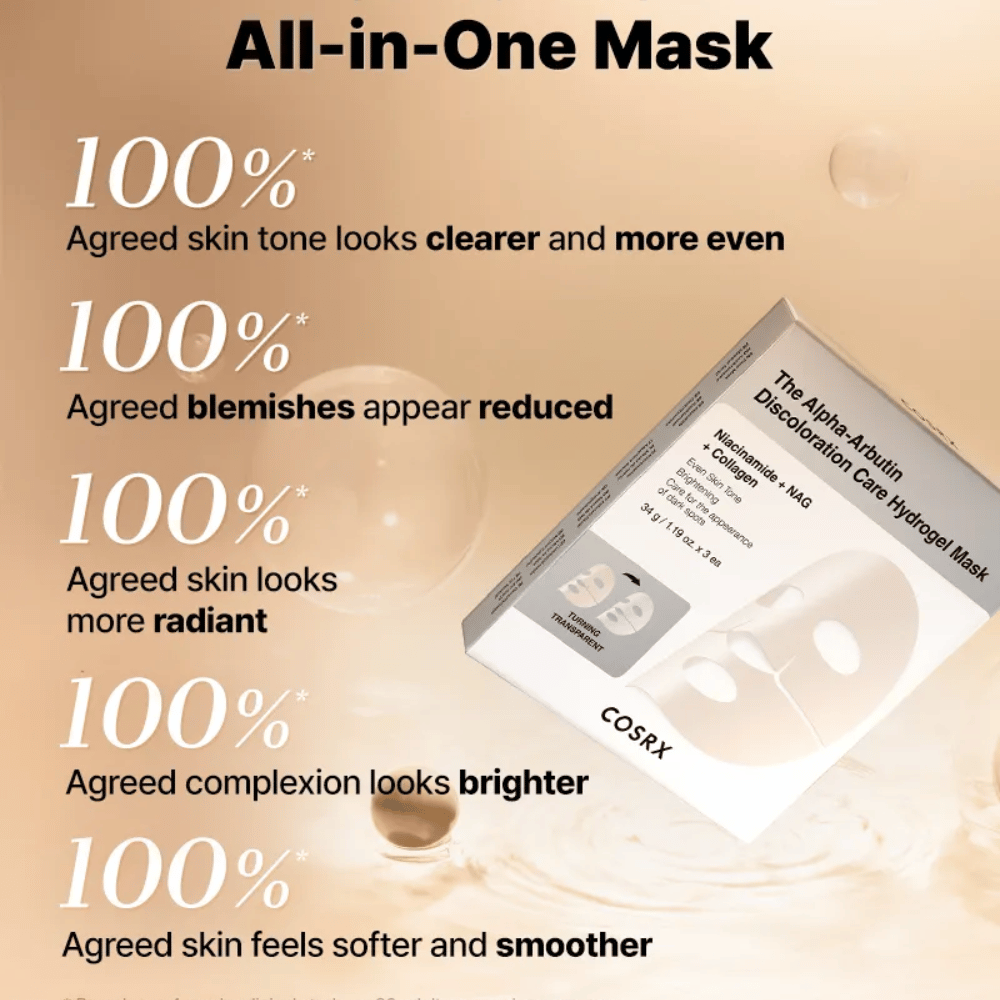 COSRX Alpha-Arbutin Discoloration Care Hydrogel-Maske mit Verpackung – All-in-One-sheet mask für Leuchtkraft, gleichmäßigen Hautton und reduzierte Verfärbungen.