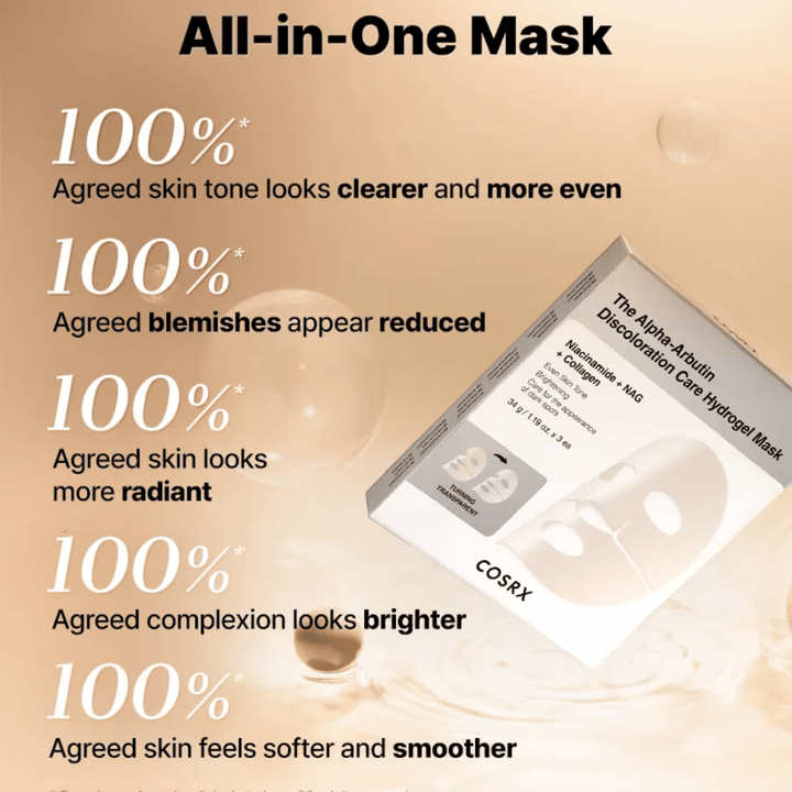 COSRX Alpha-Arbutin Discoloration Care Hydrogel-Maske mit Verpackung – All-in-One-sheet mask für Leuchtkraft, gleichmäßigen Hautton und reduzierte Verfärbungen.