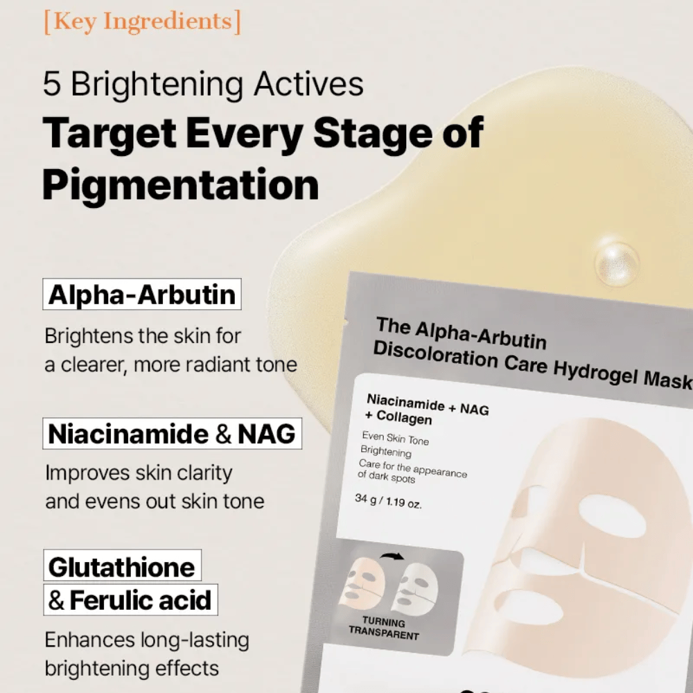 COSRX Alpha-Arbutin Discoloration Care Hydrogel-Maske mit Alpha-Arbutin und Niacinamid – sheet mask, das hilft, Pigmentflecken zu reduzieren und den Hautton auszugleichen.