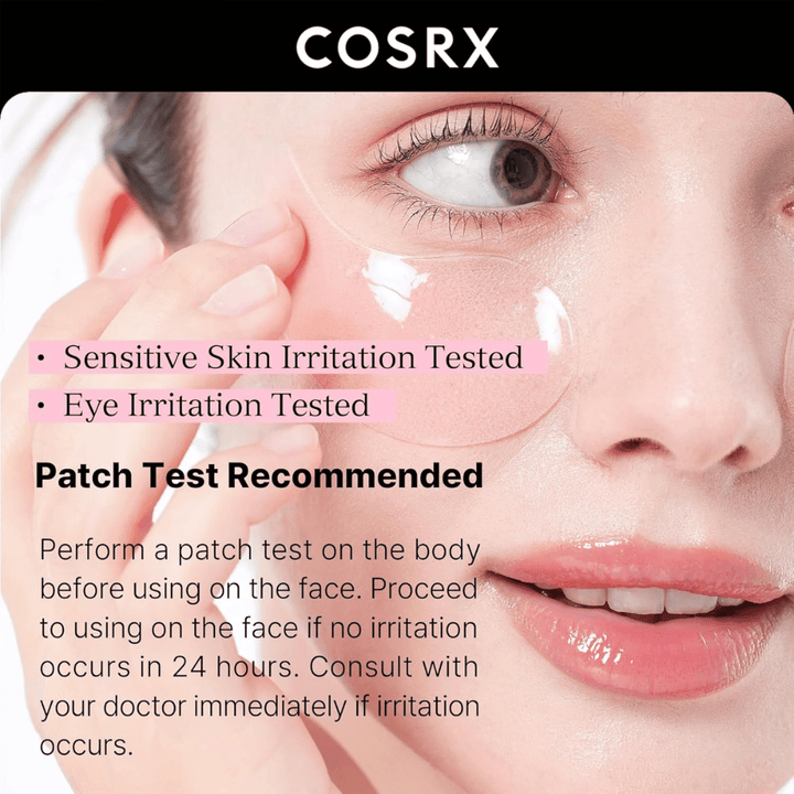 COSRX Peptide Collagen Hydrogel Eye Patch – getestet für empfindliche Haut und Augenreizungen, sicher für den täglichen Gebrauch.