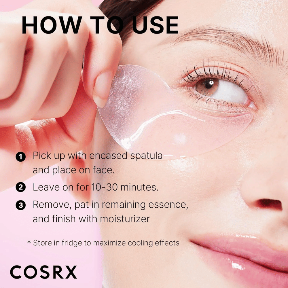 COSRX Peptide Collagen Hydrogel Eye Patch – mit Spatel auftragen, 10–30 Minuten einwirken lassen und mit Feuchtigkeitscreme abschließen.