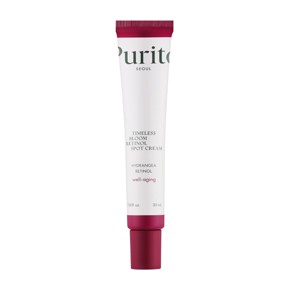 Purito Timeless Bloom Retinol Spot Cream ist eine effektive Anti-Aging-Creme, angereichert mit Retinol und Hortensienextrakt. Sie reduziert feine Linien, verbessert die Hautfestigkeit und fördert einen gleichmäßigen Hautton. Perfekt für gezielte Pflege und Wohlbefinden der Haut.