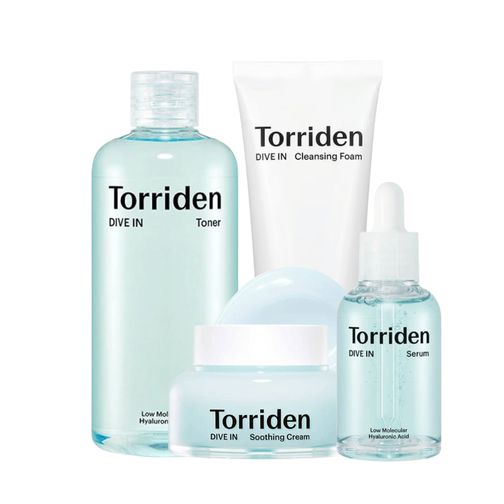 Eine Sammlung von Torriden Schönheitsprodukten in Türkis, einschließlich Toner, Reinigungsschaum, beruhigender Creme und Serum mit Hyaluronsäure.