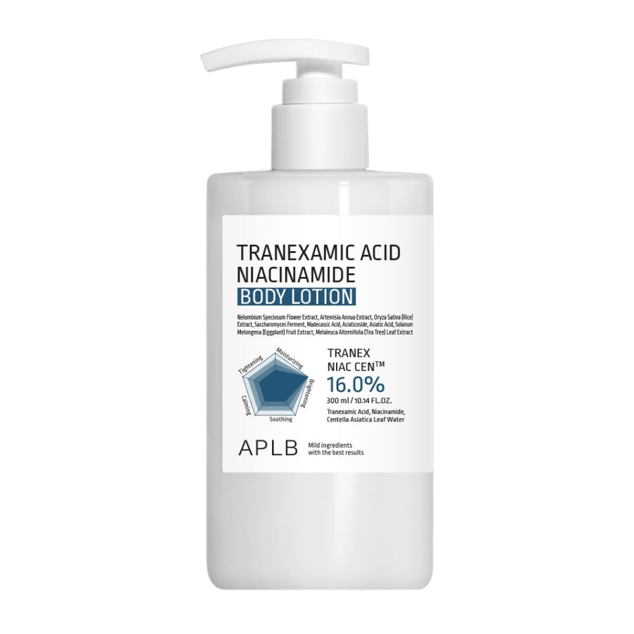 Reines Produktbild von APLB Tranexamic Acid Niacinamide Body Lotion in einer minimalistischen weißen Pumpflasche mit Fokus auf feuchtigkeitsspendende und beruhigende Körperpflege für trockene und empfindliche Haut.
