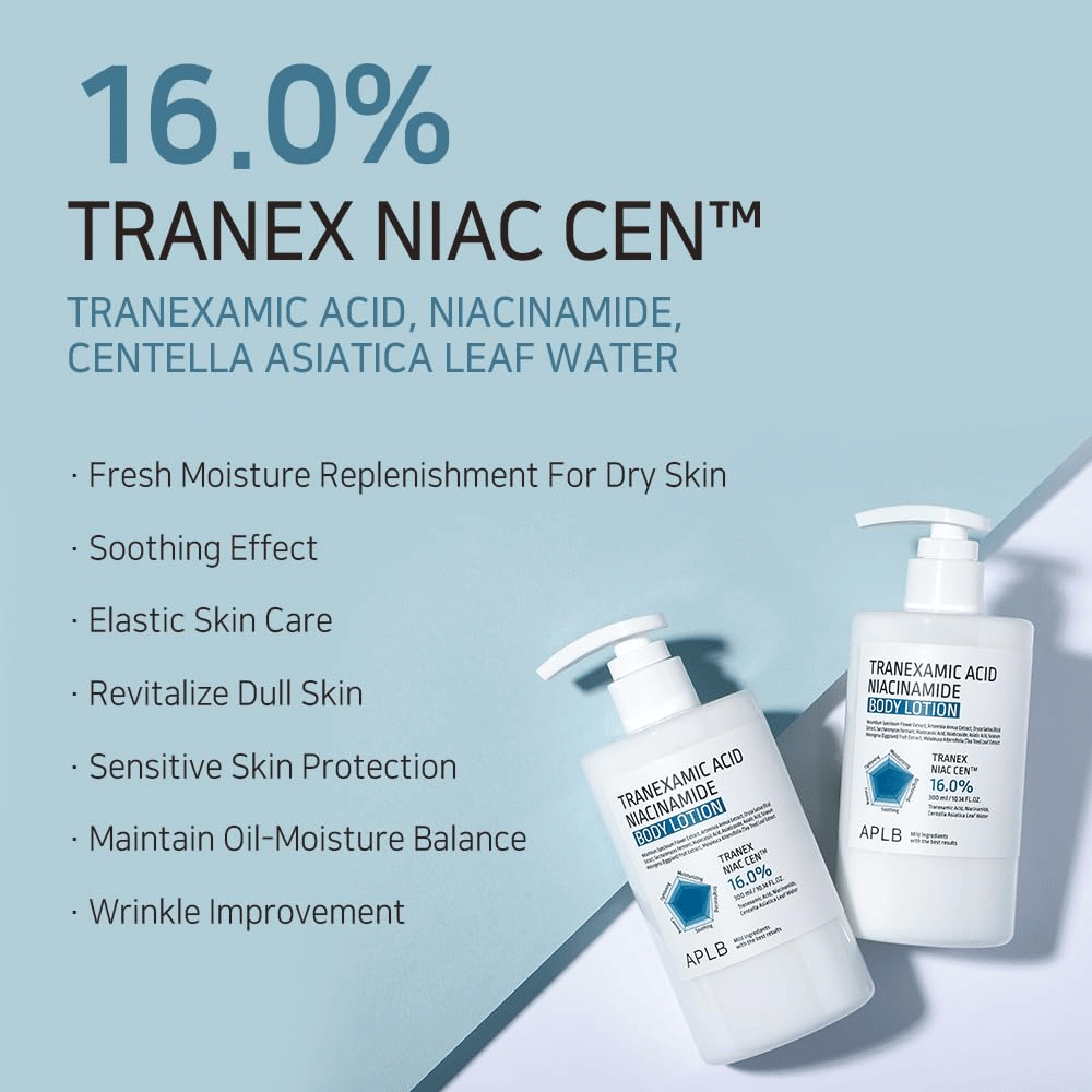 Vorteilsbild, das den 16 % Tranex Niac Cen™-Komplex des Produkts und seine Eigenschaften wie Feuchtigkeitsversorgung, beruhigende Wirkung, verbesserte Hautelastizität, Glow sowie ein ausgewogenes Öl- und Feuchtigkeitsniveau präsentiert.