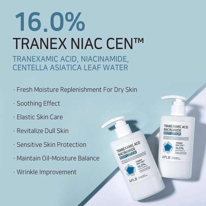 Vorteilsbild, das den 16 % Tranex Niac Cen™-Komplex des Produkts und seine Eigenschaften wie Feuchtigkeitsversorgung, beruhigende Wirkung, verbesserte Hautelastizität, Glow sowie ein ausgewogenes Öl- und Feuchtigkeitsniveau präsentiert.