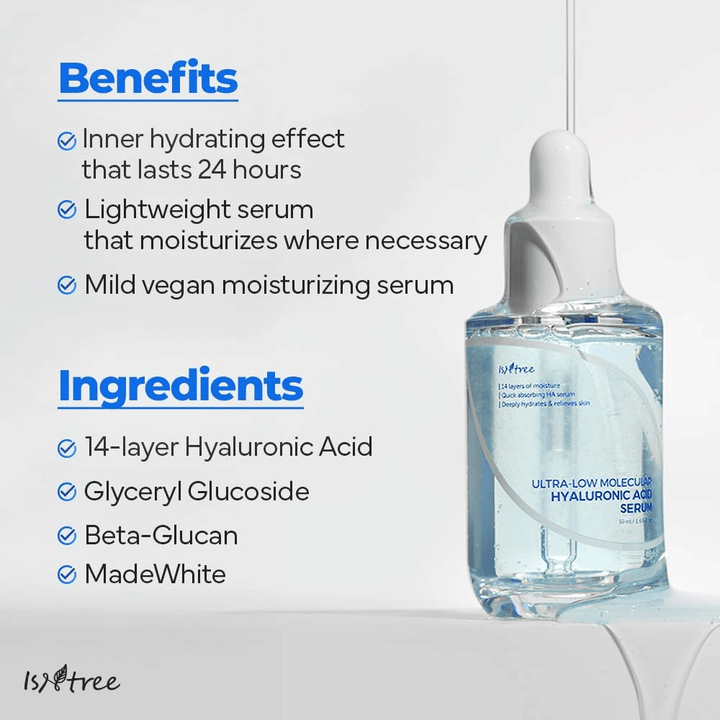 Isntree Ultra-Low Molecular Hyaluronic Acid Serum mit leichter, veganer Formel, die bis zu 24 Stunden Feuchtigkeit spendet und für trockene, empfindliche und feuchtigkeitsarme Haut geeignet ist.