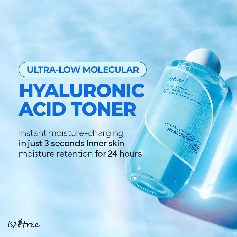 Produktbild von Isntree Ultra-Low Molecular Hyaluronic Acid Toner mit blauem Hintergrund. Der Text hebt die schnelle Befeuchtung in 3 Sekunden und die feuchtigkeitsspeichernde Wirkung für 24 Stunden hervor. Die Flasche wird in vergrößerter Ansicht mit deutlich sichtbarem Etikett gezeigt.