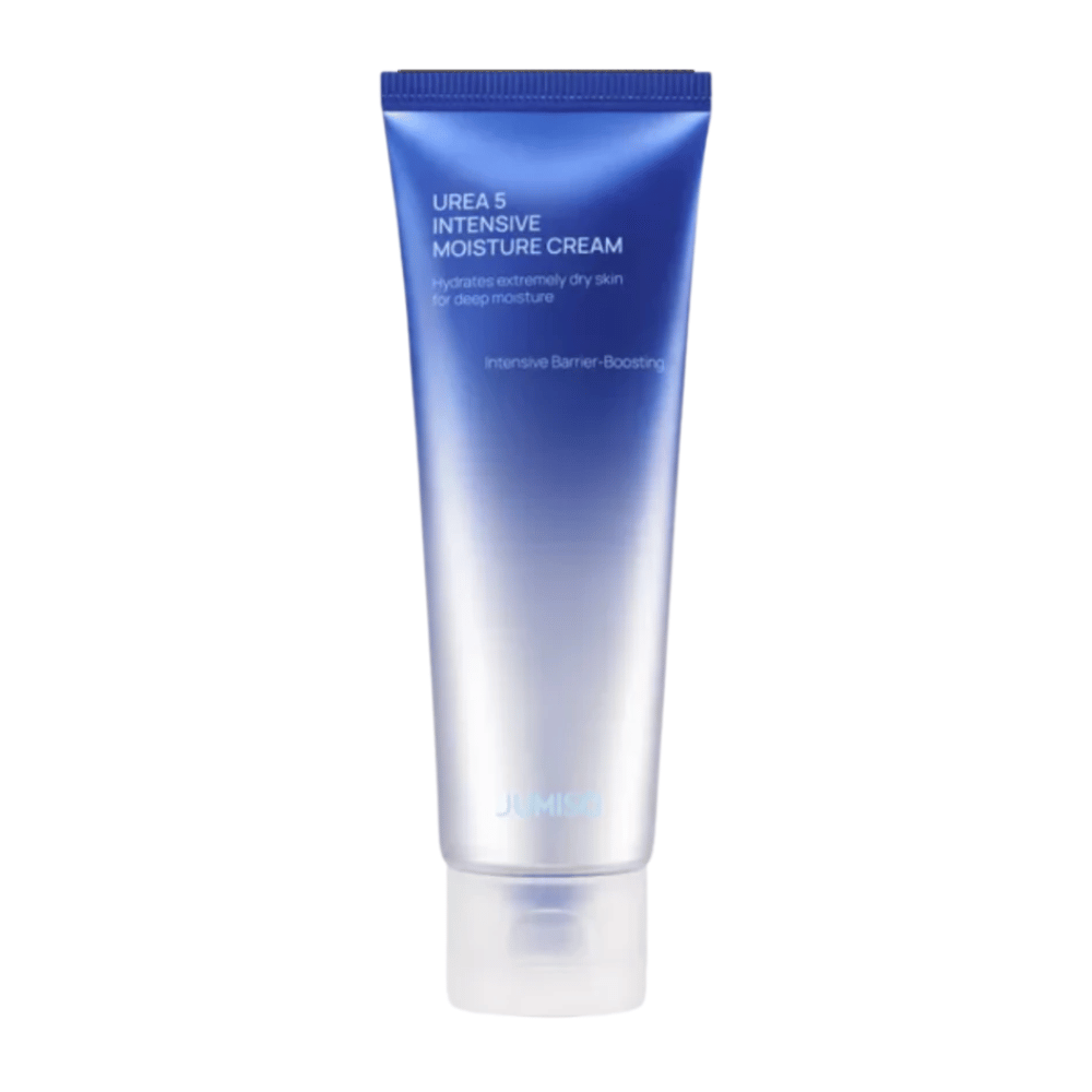 Freigestelltes Produktbild von Jumiso Urea 5 Intensive Moisture Cream vor weißem Hintergrund. Die blaue Tube mit minimalistischem Design unterstreicht den Fokus des Produkts auf intensive Feuchtigkeitspflege und hautbarrierestärkende Pflege für sehr trockene Haut.
