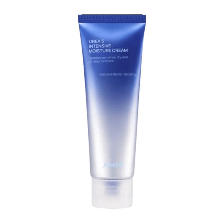 Freigestelltes Produktbild von Jumiso Urea 5 Intensive Moisture Cream vor weißem Hintergrund. Die blaue Tube mit minimalistischem Design unterstreicht den Fokus des Produkts auf intensive Feuchtigkeitspflege und hautbarrierestärkende Pflege für sehr trockene Haut.