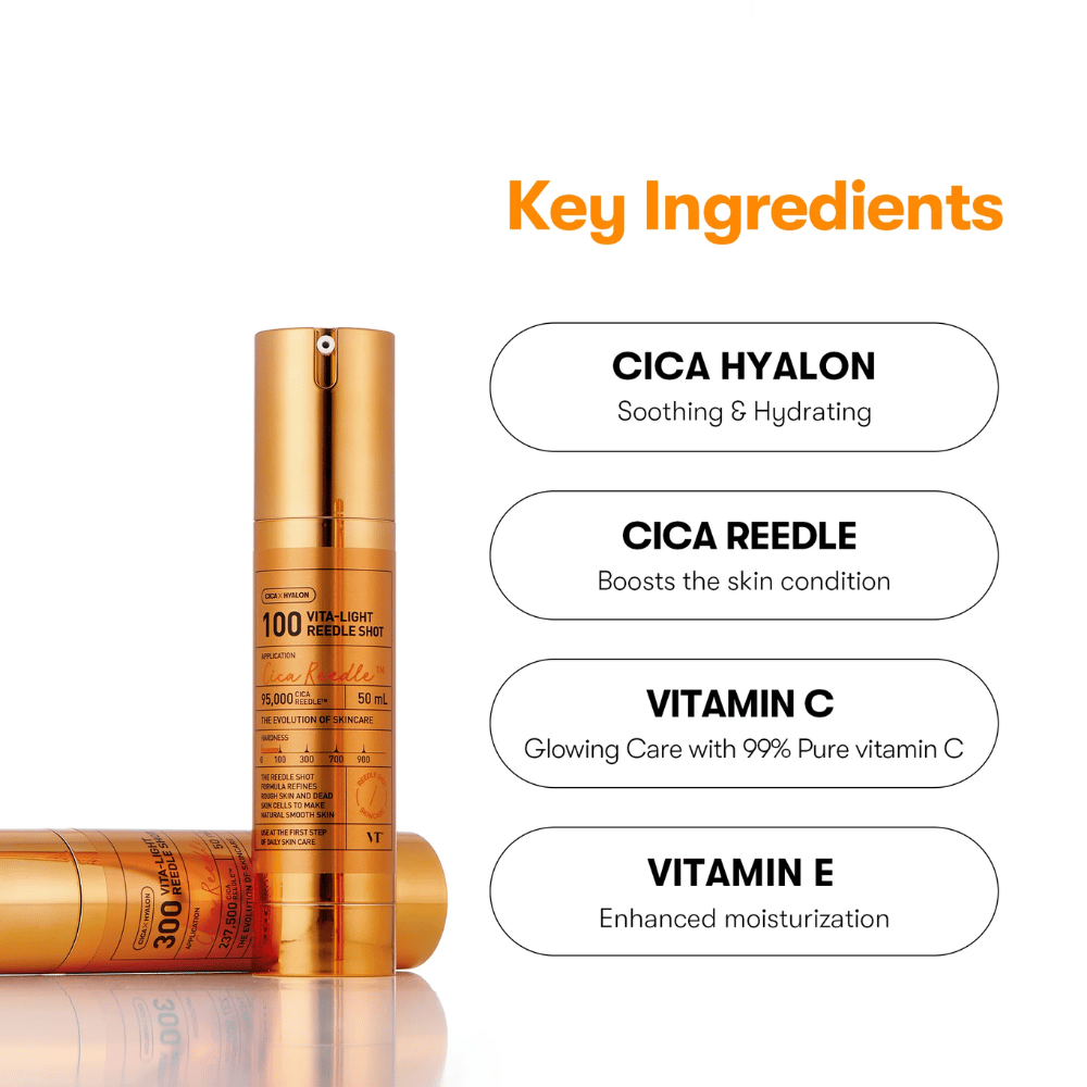 Goldene Flasche VT Cica Hyalon Vita-Light Reedle Shot 100hL, 50 ml, mit Pumpe, stehend neben liegender Flasche. Rechts sind die Schlüsselzutaten aufgelistet: Cica Hyalon, Cica Reedle, Vitamin C und Vitamin E.