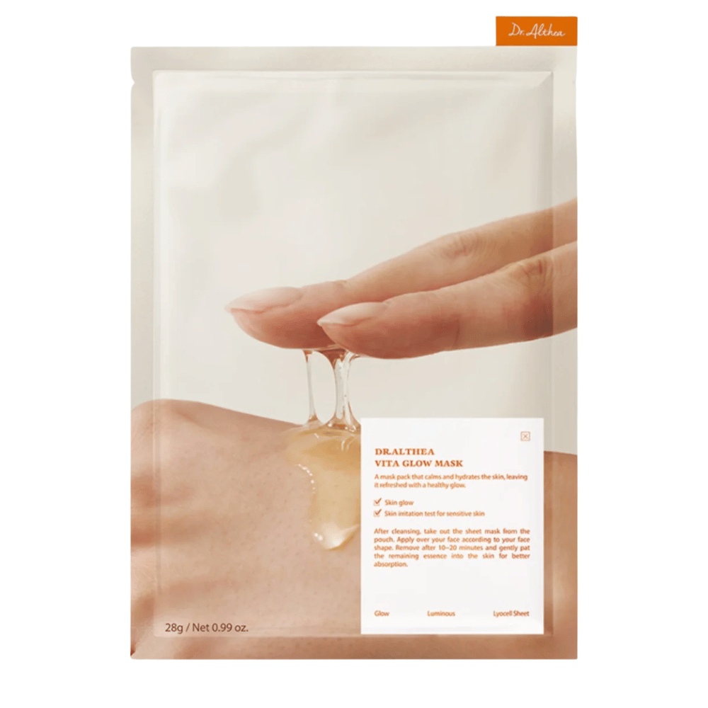 Verpackung von Dr. Althea Vita Glow Mask, die die Essenz der Maske zeigt. Feuchtigkeitsspendende Sheet mask für Ausstrahlung und gleichmäßigen Hautton, sanft auch für empfindliche Haut.