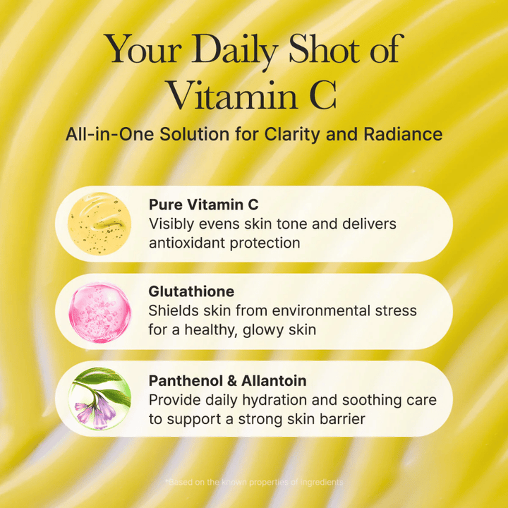 Arencia Vitamin C Booster Shot Inhaltsübersicht – Vitamin C, das den Hautton ausgleicht, Glutathion mit antioxidativer Wirkung sowie Panthenol und Allantoin, die die Haut befeuchten und beruhigen