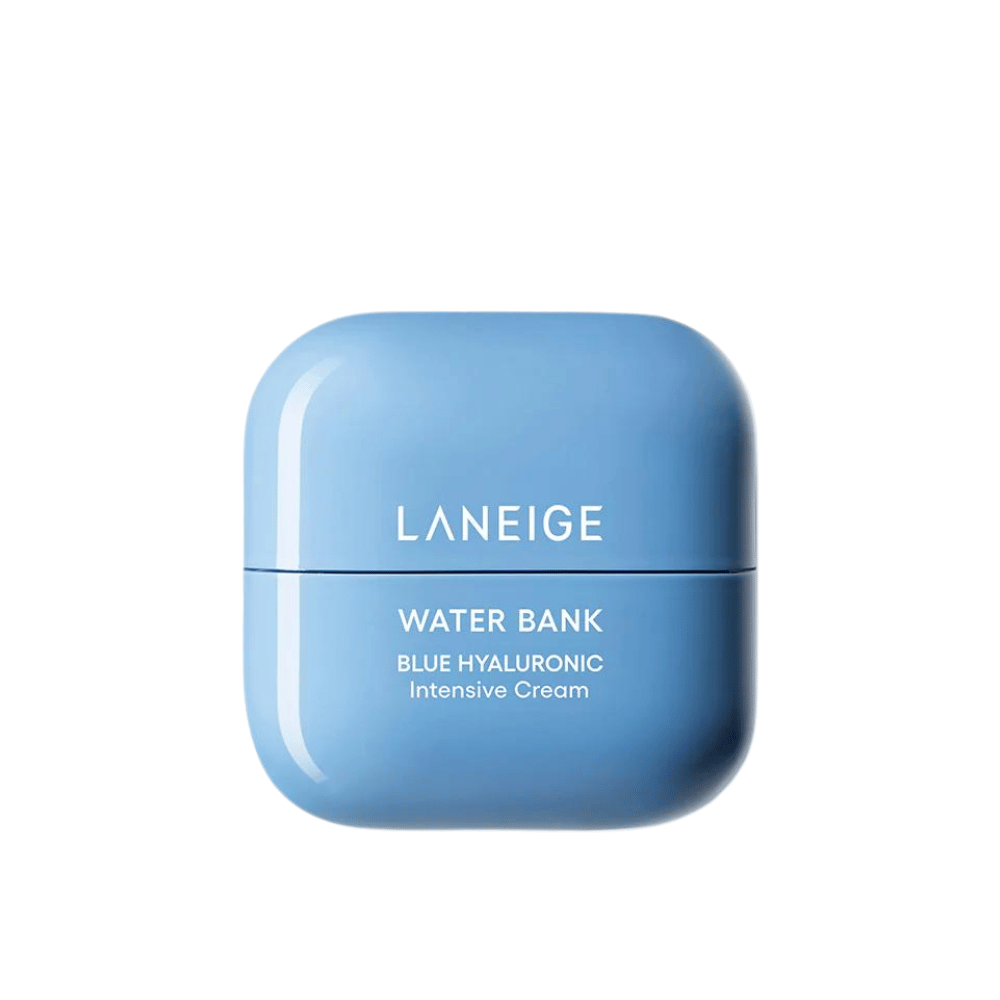 LANEIGE Water Bank Blue Hyaluronic Intensive Cream in blauer runder Dose, freigestellt vor weißem Hintergrund.