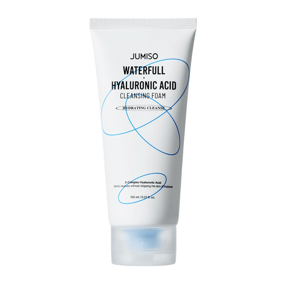 Jumiso Waterfull Hyaluronic Acid Cleansing Foam vor weißem Hintergrund präsentiert. Feuchtigkeitsspendende Gesichtsreinigung mit Hyaluronsäure, die die Haut sanft reinigt, ohne den natürlichen Feuchtigkeitshaushalt der Haut zu stören.