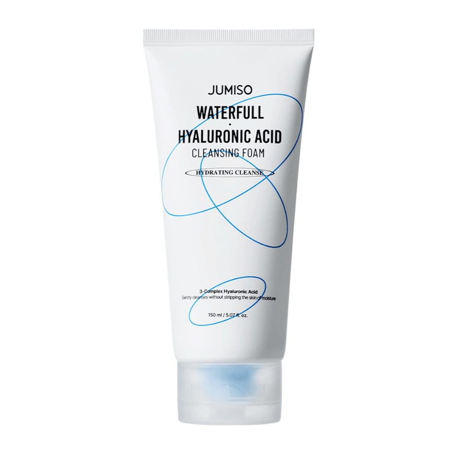 Jumiso Waterfull Hyaluronic Acid Cleansing Foam vor weißem Hintergrund präsentiert. Feuchtigkeitsspendende Gesichtsreinigung mit Hyaluronsäure, die die Haut sanft reinigt, ohne den natürlichen Feuchtigkeitshaushalt der Haut zu stören.