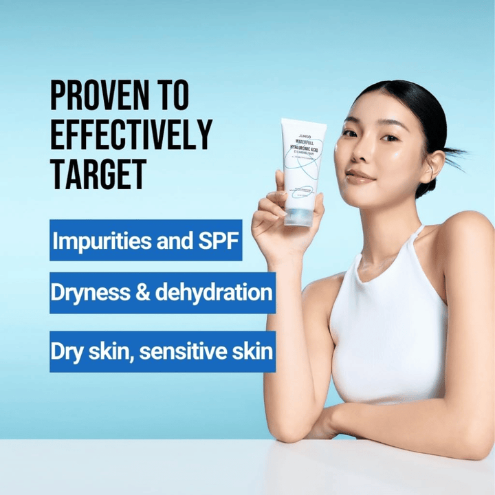 Person mit klarer und mit Feuchtigkeit versorgter Haut hält Jumiso Waterfull Hyaluronic Acid Cleansing Foam hoch. Das Bild beschreibt die Fähigkeit des Produkts, gezielt gegen Unreinheiten, SPF-Rückstände, Trockenheit und empfindliche Haut vorzugehen.