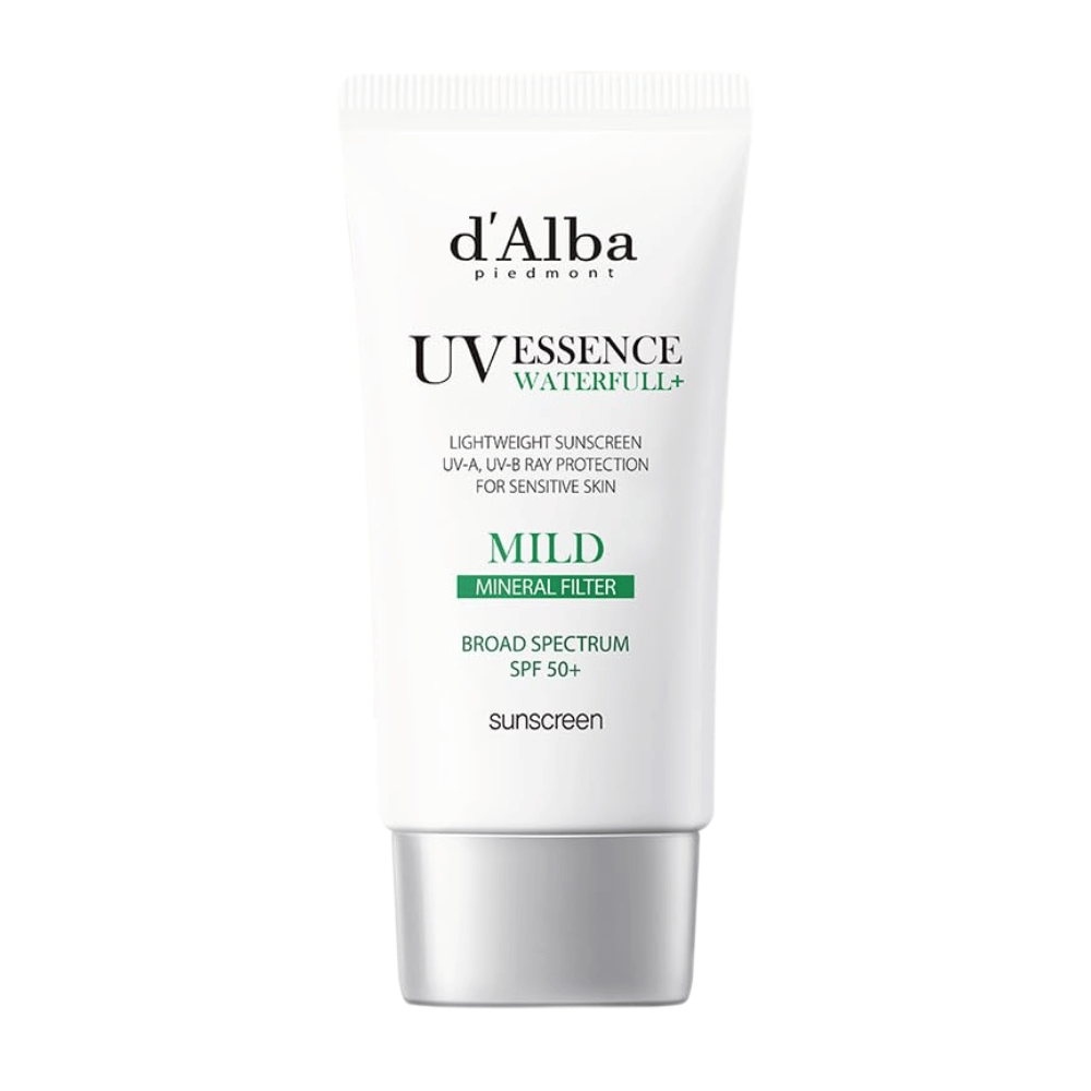 d’Alba Waterfull Mild Sun Cream SPF 50+ – milde Sonnencreme mit Mineralfilter, die empfindliche Haut vor UVA/UVB schützt. Leichte, feuchtigkeitsspendende Formel in einer eleganten weißen Tube.
