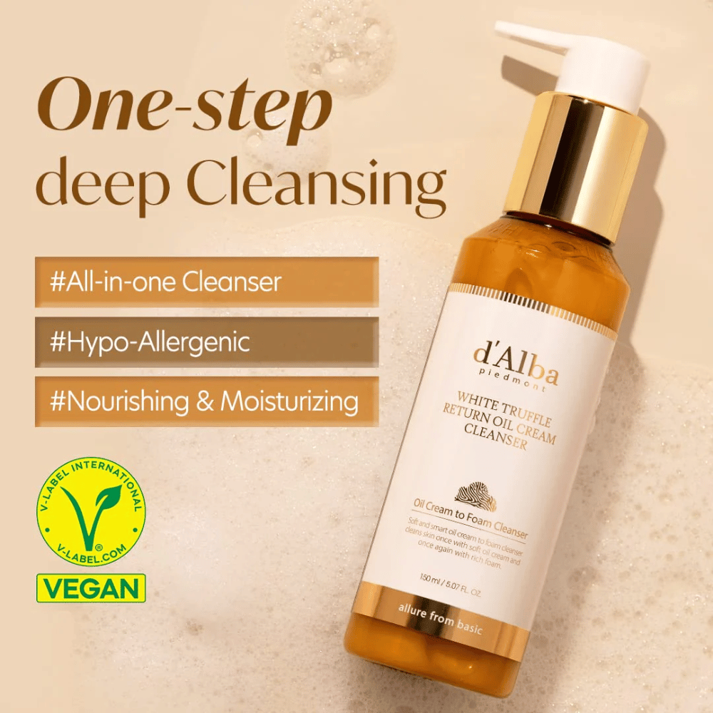 d'Alba White Truffle Return Oil Cream Cleanser ist eine vegane, hypoallergene Reinigungscreme mit einer Ein-Schritt-Tiefenreinigung. Dieser All-in-One-Reiniger ist nährend und feuchtigkeitsspendend und verwandelt sich von einem Öl in einen Schaum, um die Haut effektiv zu reinigen und sie weich und frisch zu hinterlassen.