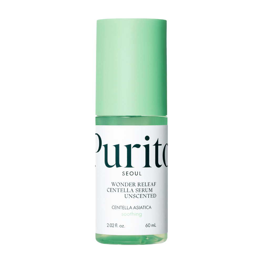 Geschlossene Flasche von Purito Wonder Releaf Centella Serum, duftfrei, vor einem weißen Hintergrund.
