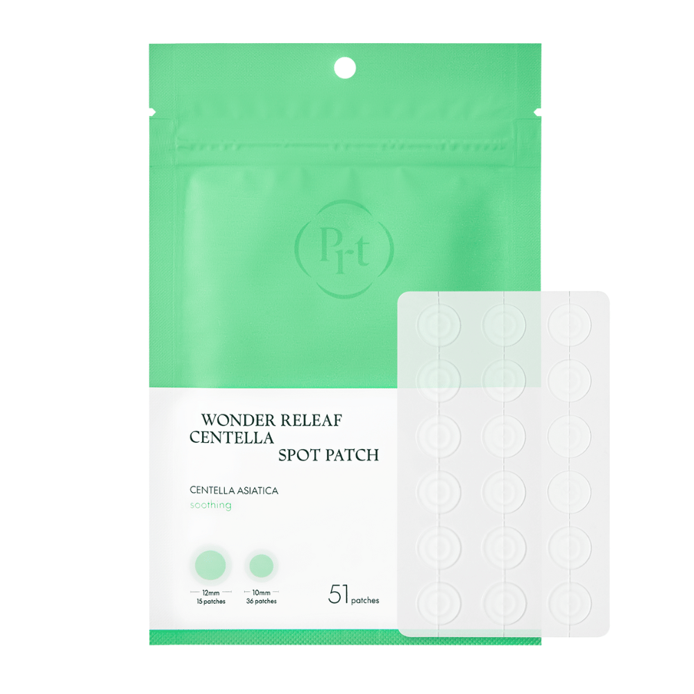 Produktbild von Purito Wonder Releaf Centella Spot Patch mit Verpackung und 51 transparenten Akne-Pflastern in zwei Größen für eine effektive Punktbehandlung.