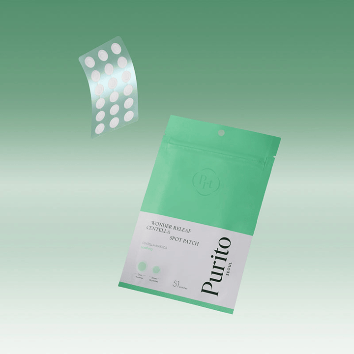 Purito Wonder Releaf Centella Spot Patch mit Verpackung und transparenten Akne-Pflastern, beruhigende Punktbehandlung mit Centella Asiatica für Pickel und gereizte Haut.
