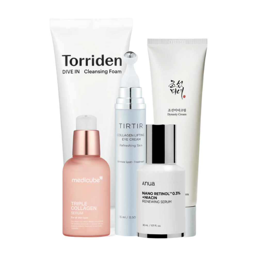 Dieses Set, "Youthful Radiance Anti-Aging Kit", enthält eine Vielzahl von Hautpflegeprodukten, um reife Haut zu revitalisieren und zu pflegen. Das Set enthält Torriden Dive In Cleansing Foam, Tirtir Collagen Lifting Eye Cream, Medicube Triple Collagen Serum und Anua Nano Retinol 0.3% + Niacin Renewing Serum zusammen mit Beauty of Joseon Dynasty Cream.