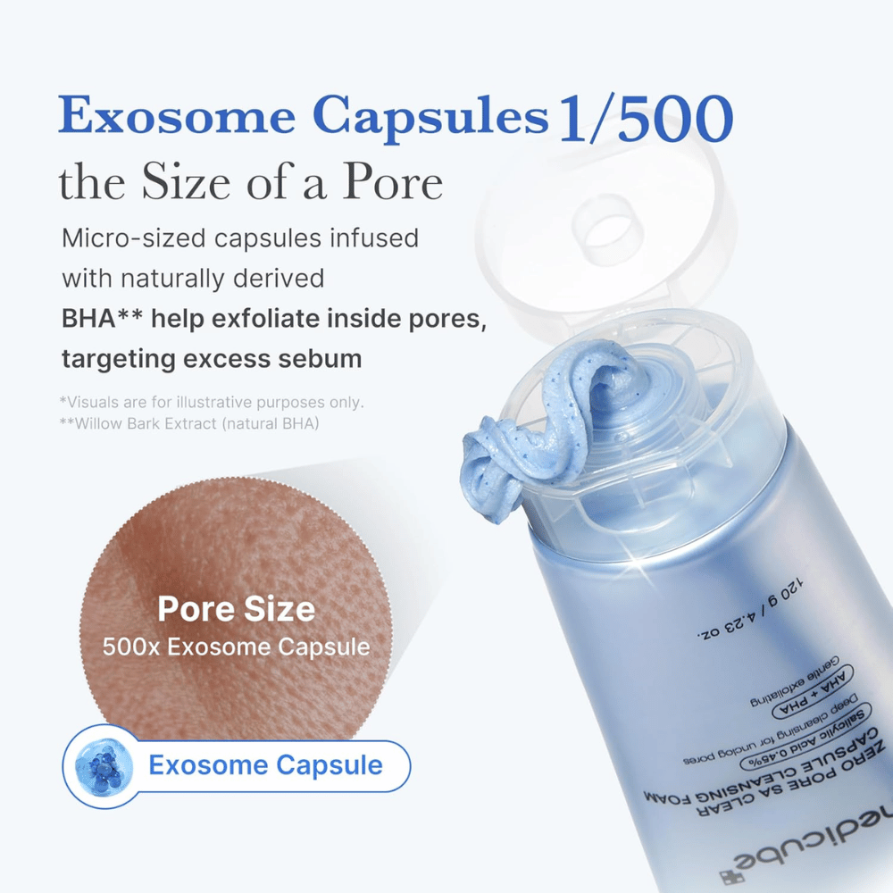 Medicube Zero Pore Capsule Cleansing Foam mit Exosom-Kapseln und BHA, die Talg auflösen und Poren reinigen, ohne die Haut zu verstopfen.
