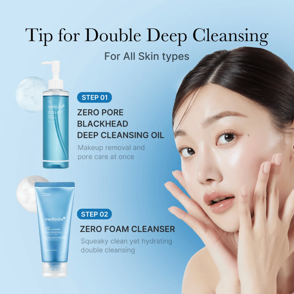 Werbebild für Medicube Doppelreinigung mit Zero Pore Blackhead Deep Cleansing Oil und Zero Foam Cleanser, zusammen mit einer Frau, die ihre saubere und mit Feuchtigkeit versorgte Haut zeigt.