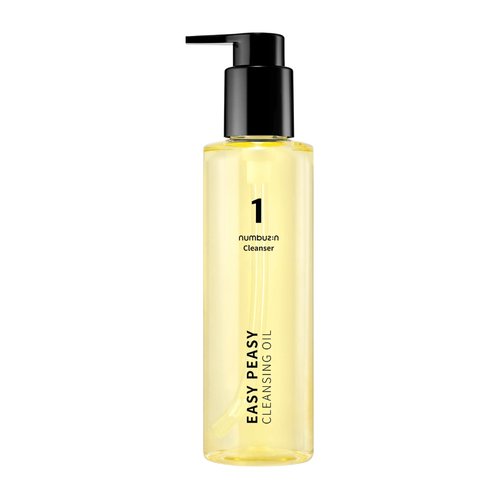 Produktbild von Numbuzin No.1 Easy Peasy Cleansing Oil, transparente Pumpflasche mit schwarzem Deckel vor weißem Hintergrund.