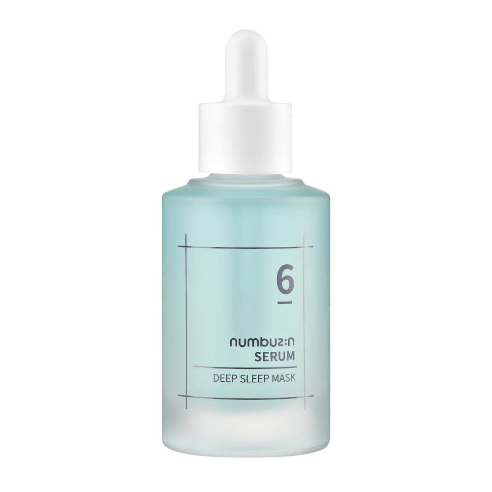 numbuzin No. 6 Deep Sleep Mask Serum in blauer, frostiger Flasche mit Pipette, entworfen für tief feuchtigkeitsspendende Hautpflege.