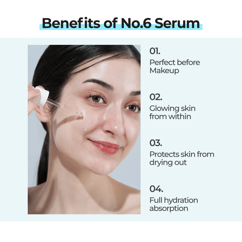 Frau trägt numbuzin No. 6 Deep Sleep Mask Serum mit Pipette auf, die Glow verleiht, vor Trockenheit schützt und vollständig von der Haut aufgenommen wird.