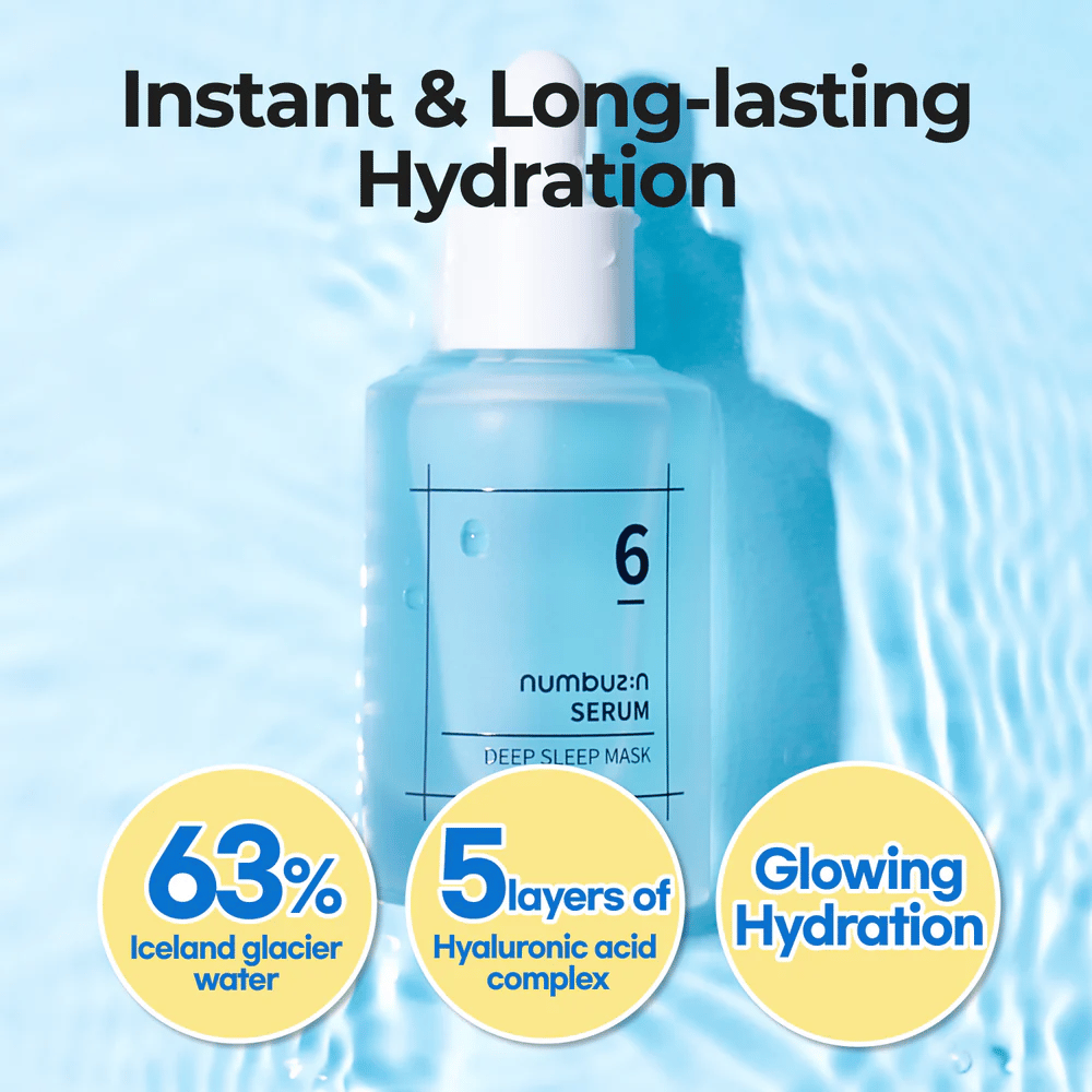 numbuzin No. 6 Deep Sleep Mask Serum mit 63% Gletscherwasser und 5 Schichten Hyaluronsäure, für intensive und langanhaltende Feuchtigkeit.