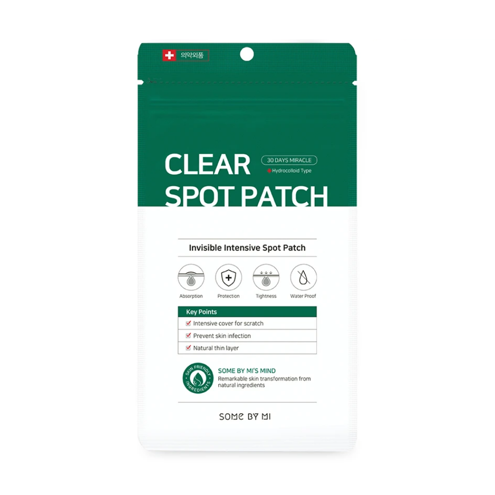 Ein Some By Mi 30 Days Miracle Clear Spot Patch (18 Stück) auf weißem Hintergrund für Akne mit der Fähigkeit, Wundflüssigkeit zu absorbieren.