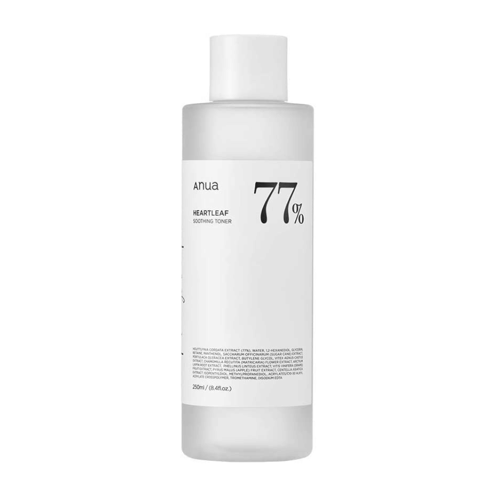 Eine Flasche Heartleaf 77% Soothing Toner mit einem Anua-Etikett darauf, formuliert mit beruhigendem Gesichtswasser für empfindliche Haut.