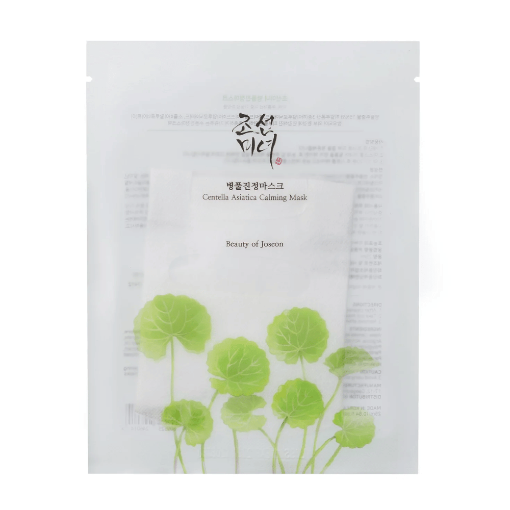 Ein Centella Asiatica Calming Mask 1 Stk. mit grünen Blättern von der Marke Beauty of Joseon.