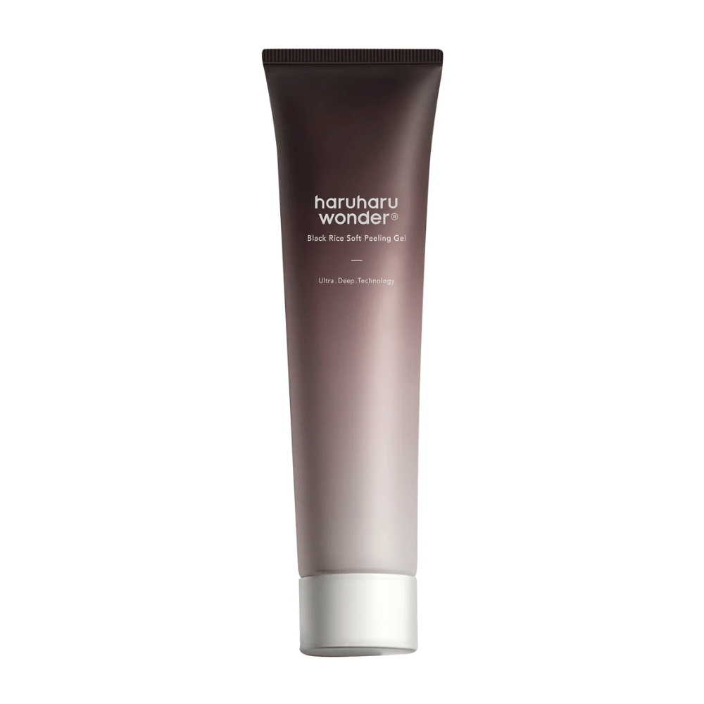 Eine Tube Haruharu Wonder Black Rice Soft Peeling Gel 100ml mit exfolierenden Eigenschaften auf einem weißen Hintergrund.