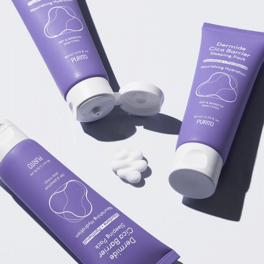 Zwei Tuben PURITO Dermide Cica Barrier Sleeping Pack 80ml auf einer weißen Fläche.