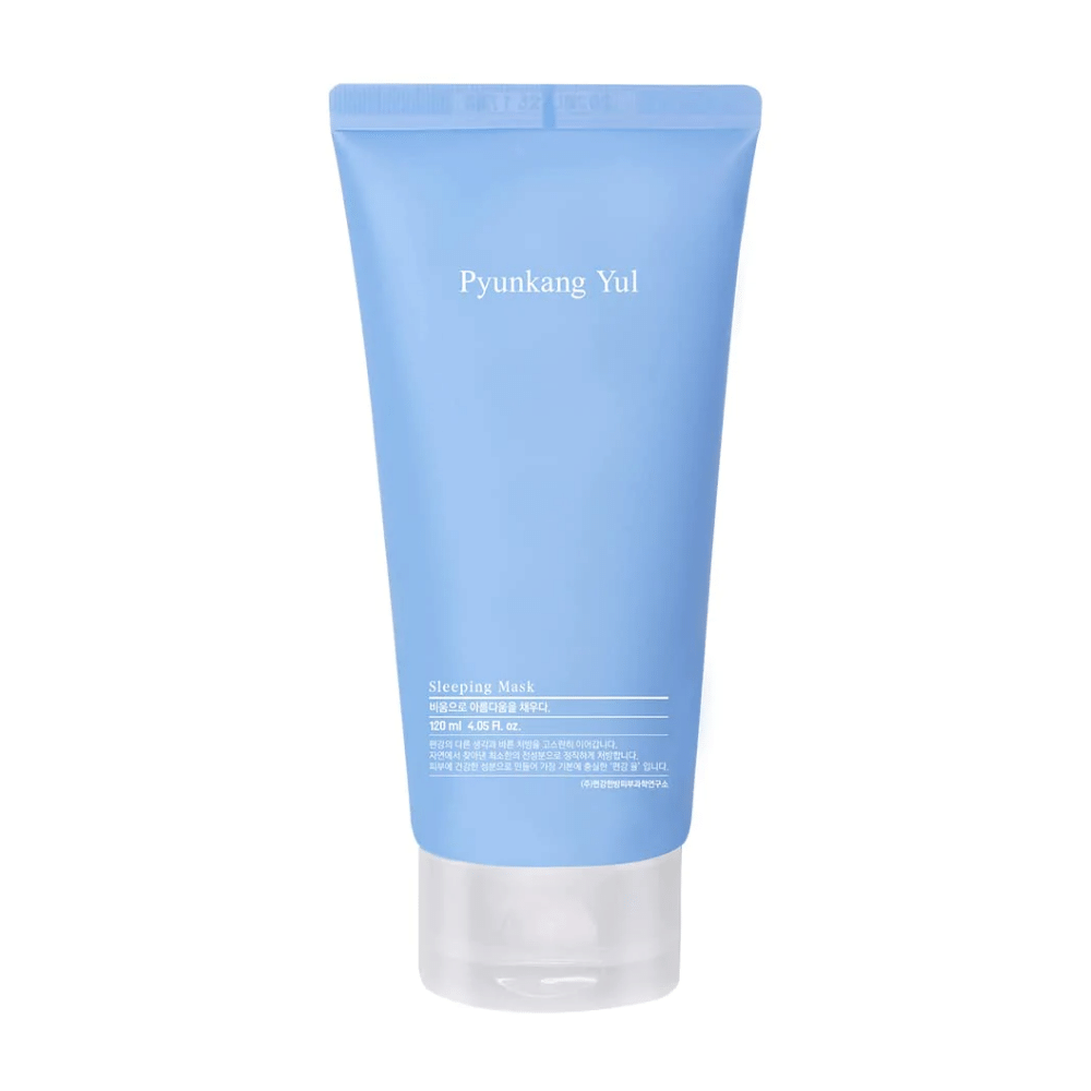 Eine Tube mit Pyunkang Yuls hyaluronsäureinfundierter Pyunkang Yul Sleeping Mask 120ml auf weißem Hintergrund für hydratisierte Haut.